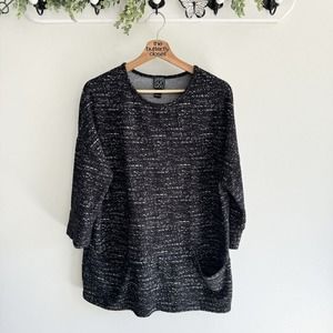 Clara Sun Woo Black White Textured Knit Oversized Tunic Dress Pockets med